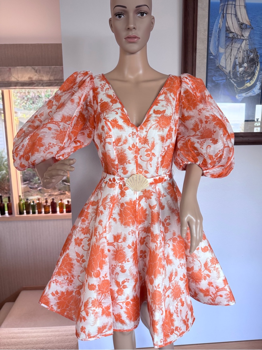 Zimmermann Postcard Belted Linen Orange and White Floral Puff-Sleeve Mini Dress